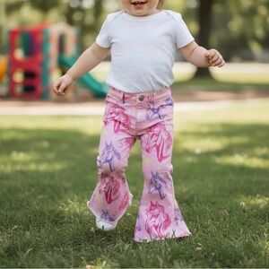 Girls Pink Horse Print Bell Bottom Jeans | Western Cowgirl Flare Pants
